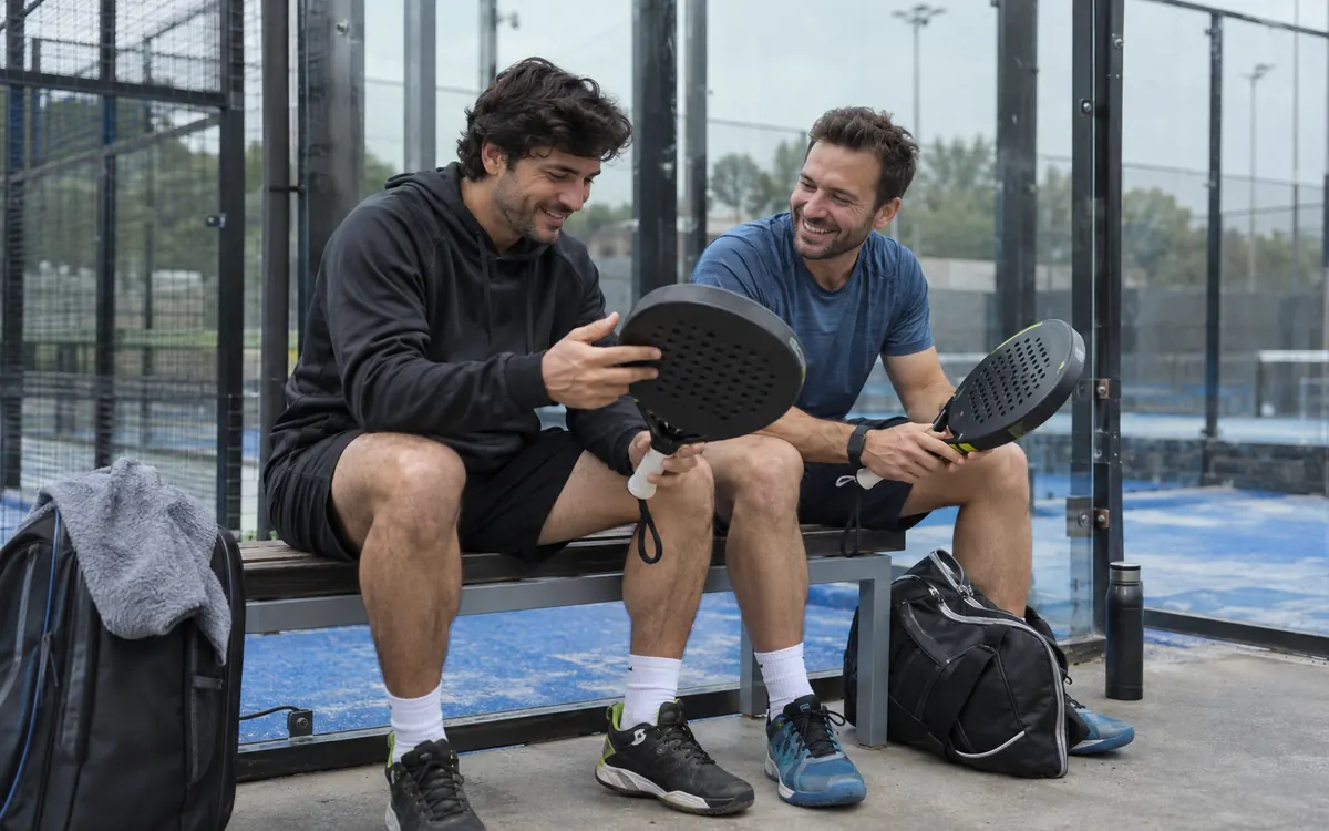 Deux amis assis près d’un court de padel qui comparent leurs raquettes