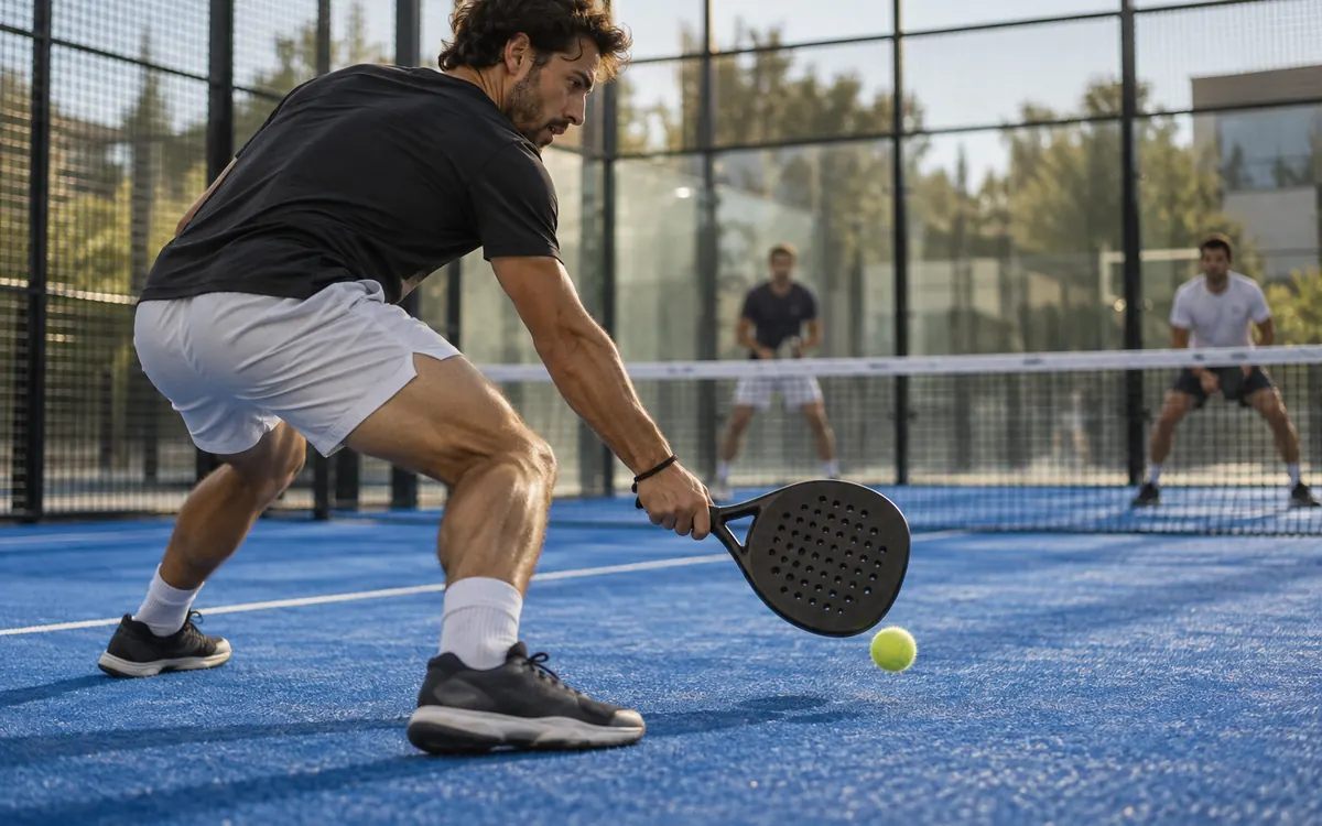 Joueur de padel jouant une chiquita basse et douce depuis le milieu du court