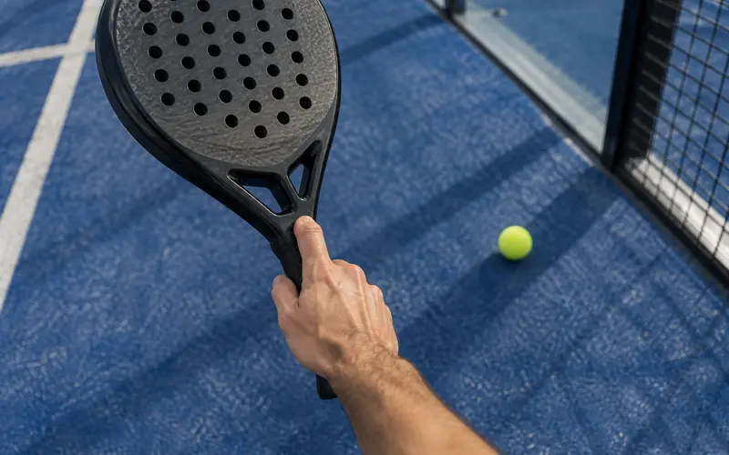 Main qui tient le manche d’une raquette de padel, vue à la première personne