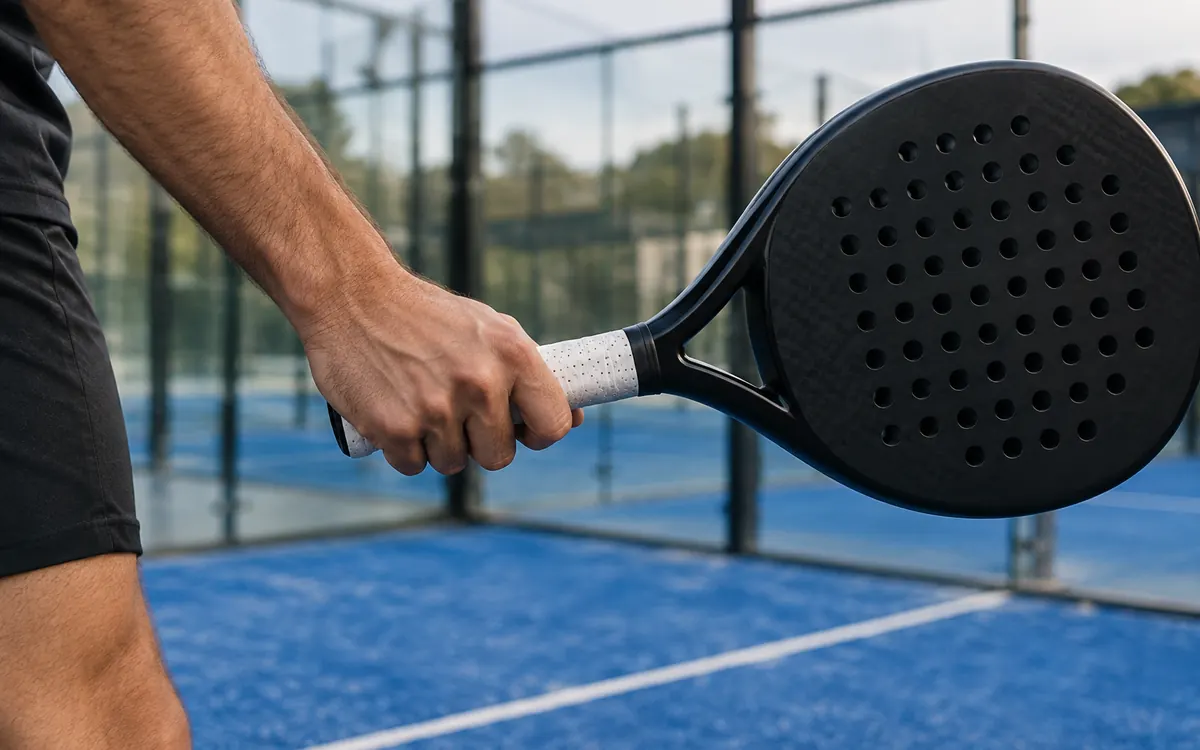 Main tenant le manche d'une raquette de padel avec la prise continentale