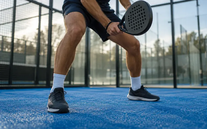 Appuis d'un joueur de padel, genoux fléchis, prêt à se déplacer
