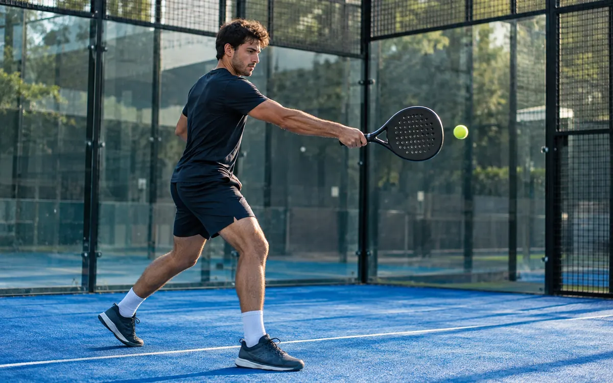 Joueur de padel en train de frapper un coup droit depuis le fond du court