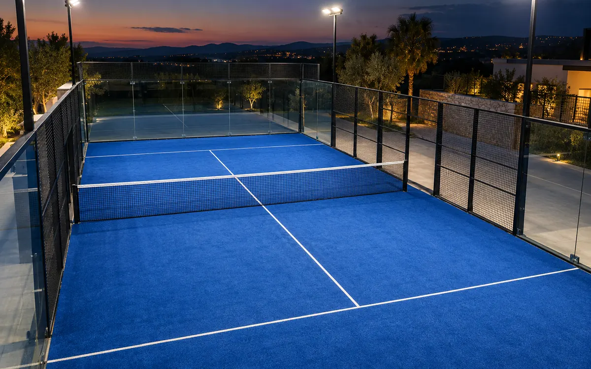 Court de padel vu en hauteur avec le filet, les lignes de service et les vitres