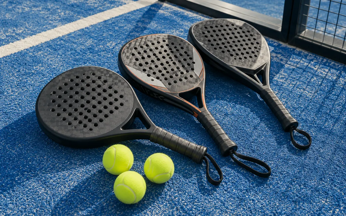 Trois raquettes de padel de formes différentes : ronde, goutte d’eau et diamant