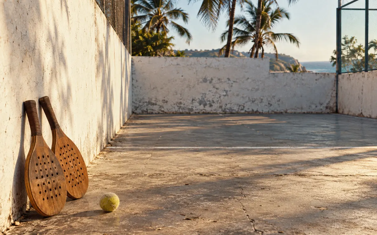 Ancien court de padel muré dans la lumière chaude d'une côte mexicaine