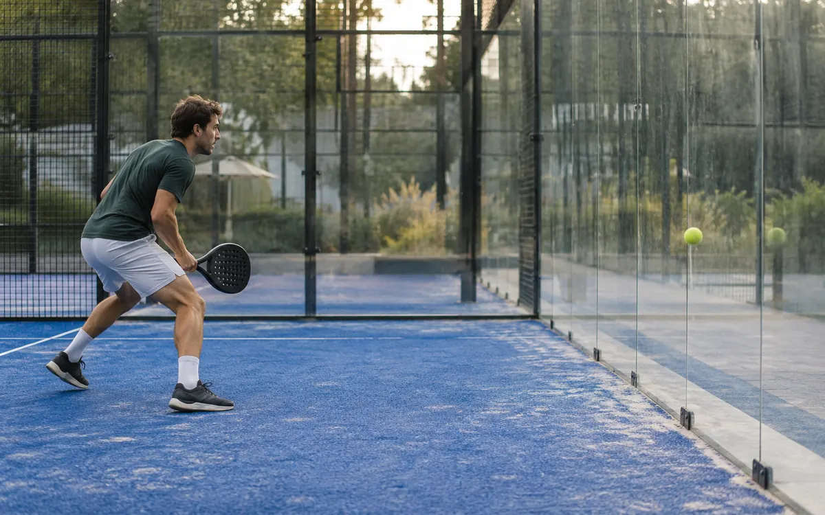 Balle qui rebondit sur la vitre du fond après le sol, joueur qui recule pour la jouer