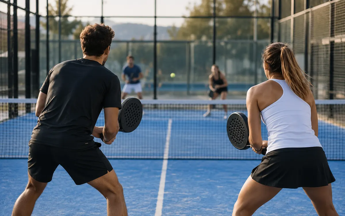 Deux joueurs de padel côte à côte au filet, un de chaque côté du court