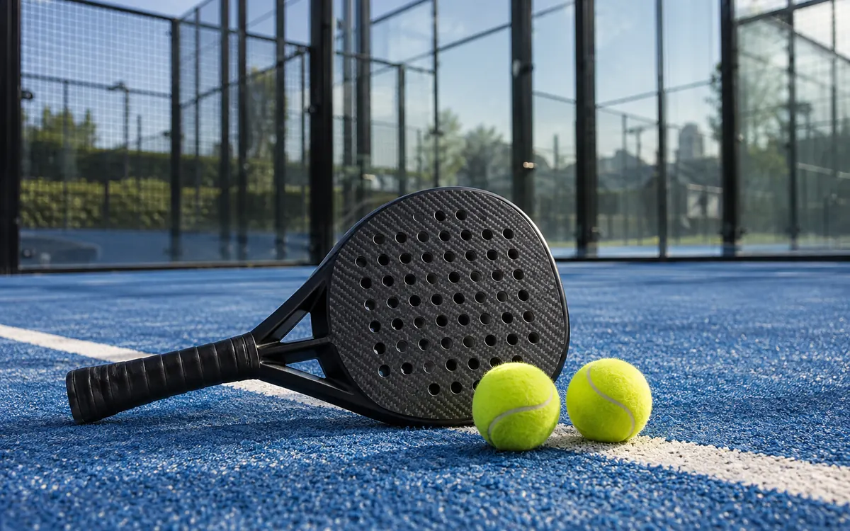 Raquette de padel et deux balles posées sur une ligne de service