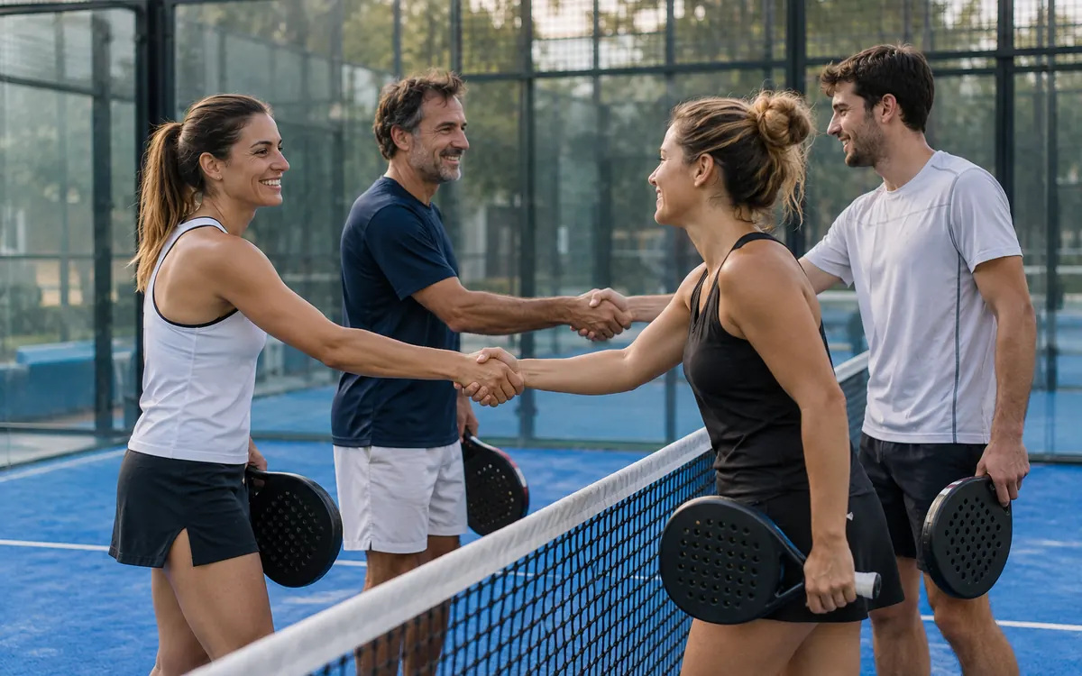 Quatre joueurs de padel qui se serrent la main au filet après un match