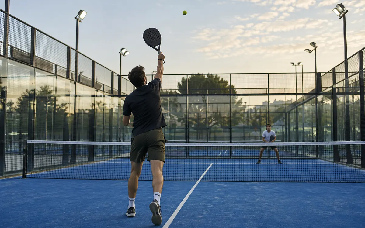 Joueur de padel qui termine un lob, la balle monte au-dessus du filet