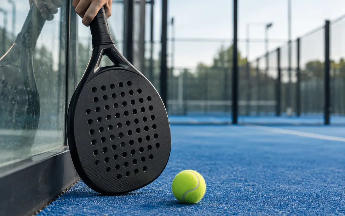 Raquette de padel pleine et perforée tenue contre la vitre d'un court