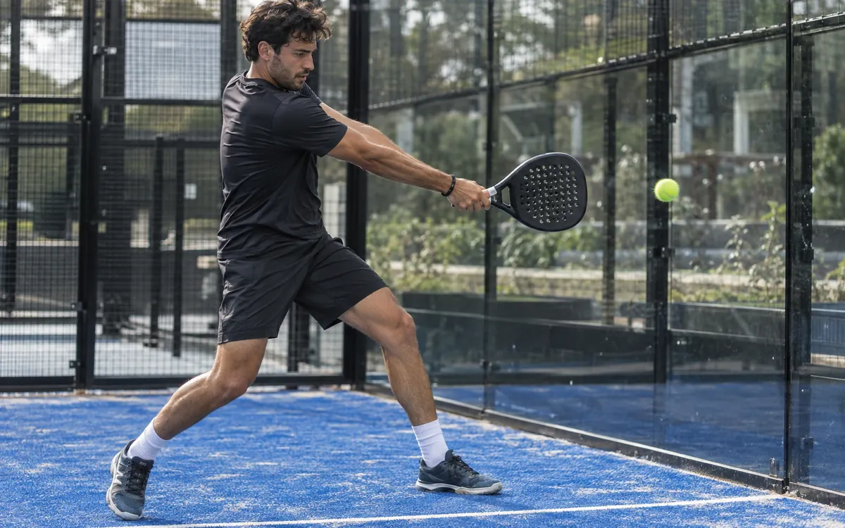 Joueur de padel qui termine un revers près de la vitre latérale