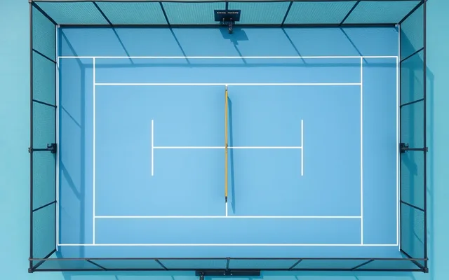 Court de padel vitré avec lignes de service et filet, illustrant les règles du jeu